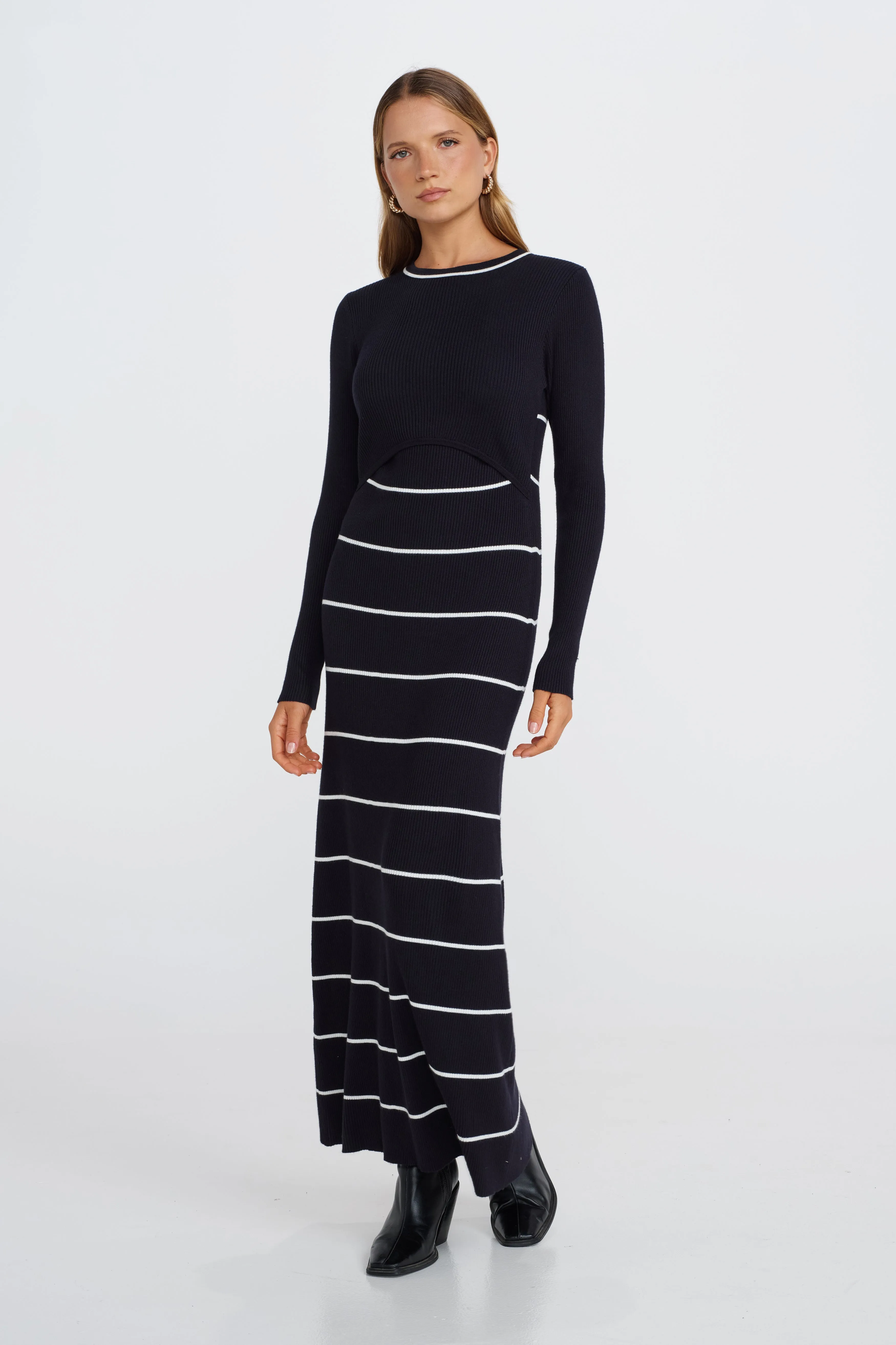 Home Wear skin care safe Zoe Knit Long Sleeve Dress - Navy / White