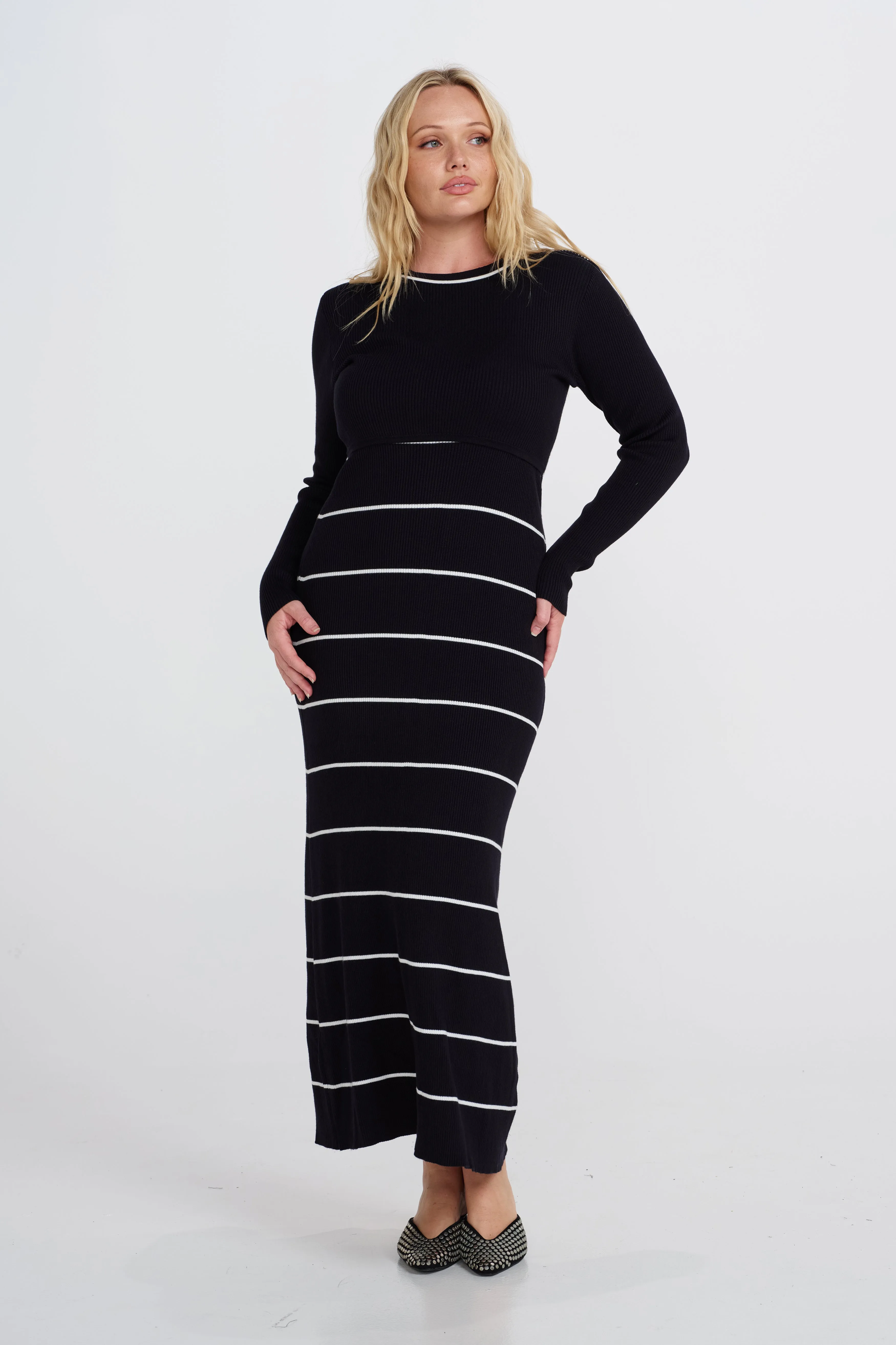 Zoe Knit Long Sleeve Dress - Navy / White Travel Ready multiway wear